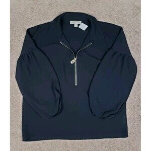 Michael Kors Women's Top Blouse Sheer 1/2 Gold Zip Balloon Long Sleeves Black L